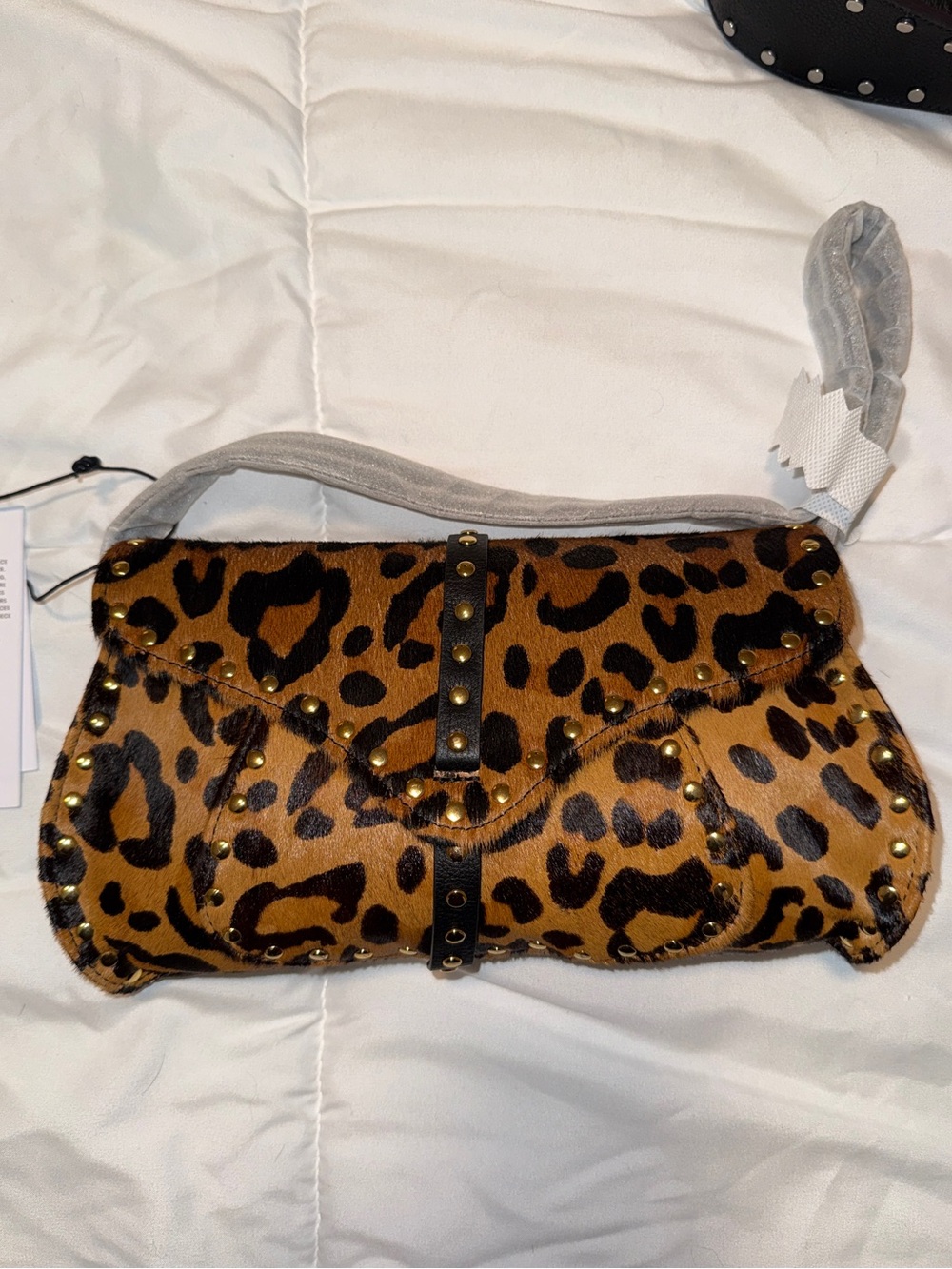 Leopard Print Studded Shoulder Bag - Brown